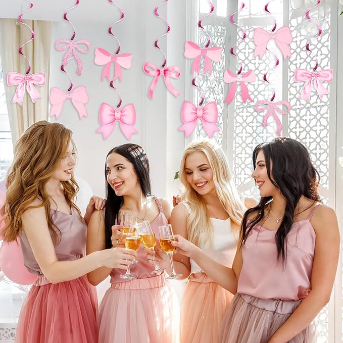 jijAcraft Pink Bow Garland, 20Pcs Bow Birthday Banner, Girl Theme Party Garland Banner, Pink Swirls Decoration for Baby Shower, Bridal Shower, Bachelorette