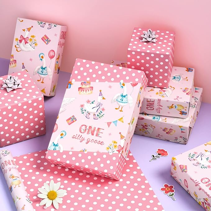 WERNNSAI Silly Goose Wrapping Paper - 1 Roll 17” x 33 ft 1st Birthday Wrapping Paper Pink Birthday Gift Wrap Baby Girls One Year Present Packing Wrap Baby Shower Reversible Design