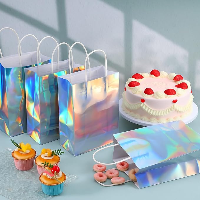 LIQWEI 36PCS Iridescent Gift Bags with Handles, Holographic Party Favor Bag Reusable Glitter Foil Paper Candy Goodie Bag Gift Handbag for Disco Wedding Graduation Birthday Party (8.6x6.3x3.2 Inch)