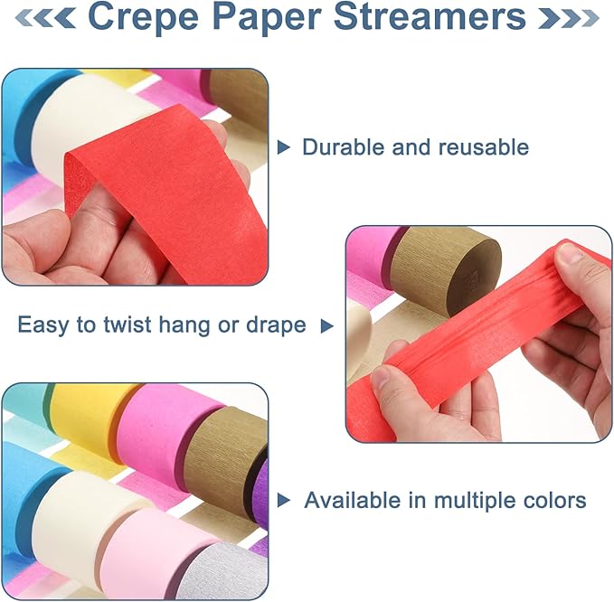MECCANIXITY 3 Roll 246 ft Crepe Paper Streamers, Wedding Decoration Streamers Party Decoration for Wedding Valentine's Day Festival Backdrop, Blue,White,Gold