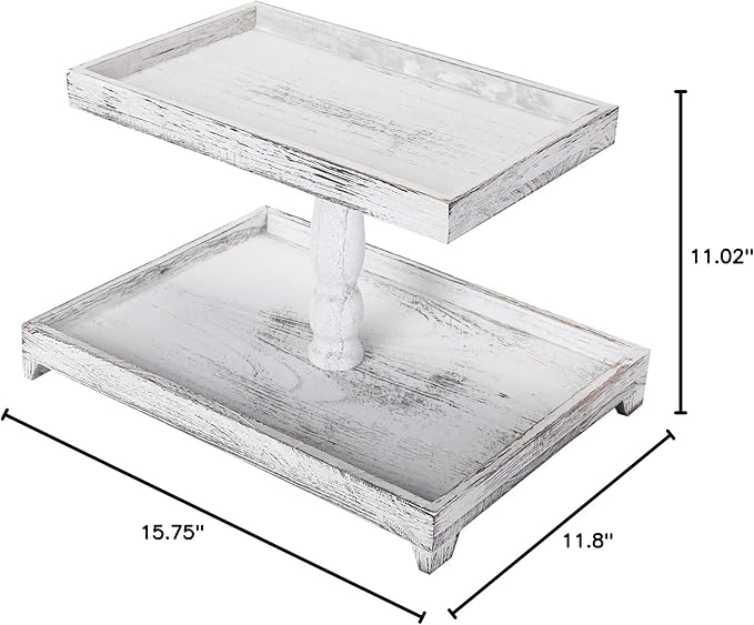 Yalikop Farmhouse Tiered Tray Stand - Wooden Rustic 2 Tier Rectangular Tray Serving Stand for House Kitchen Cake(White)