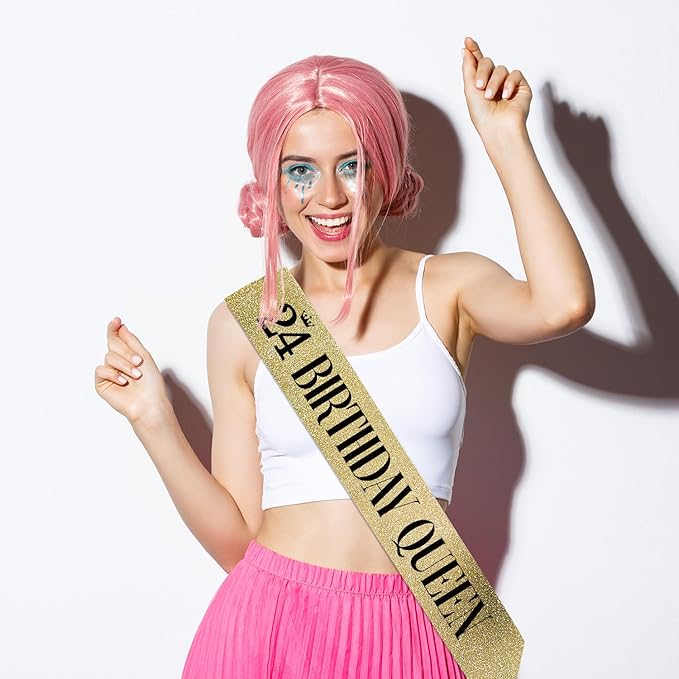 24 Birthday Queen 24th Birthday Sash for Women, Gold Glitter Sash with Black Foil