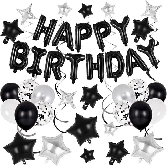 55 Pcs Happy Birthday Balloons Letters Banner with 35 Pcs Star Foil Balloons, 20 Pcs Latex Balloon, 6 Hanging Swirls for Women Men Boys Girls Birthday Party Decorations Set ﻿ (Black)