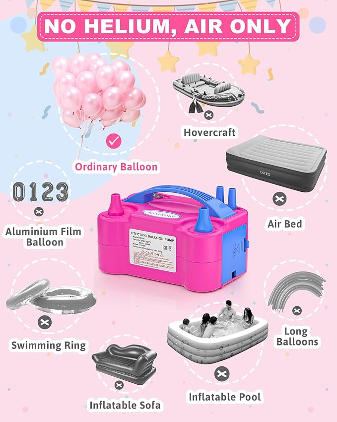 Electric Balloon Pump, Balloon Inflator Machine for Balloons at Home,Quick Inflation Dual Nozzle Balloon Blower Portable Air Balloon Pump Balloons Inflator for Kids Party Decoration (Rose Red)