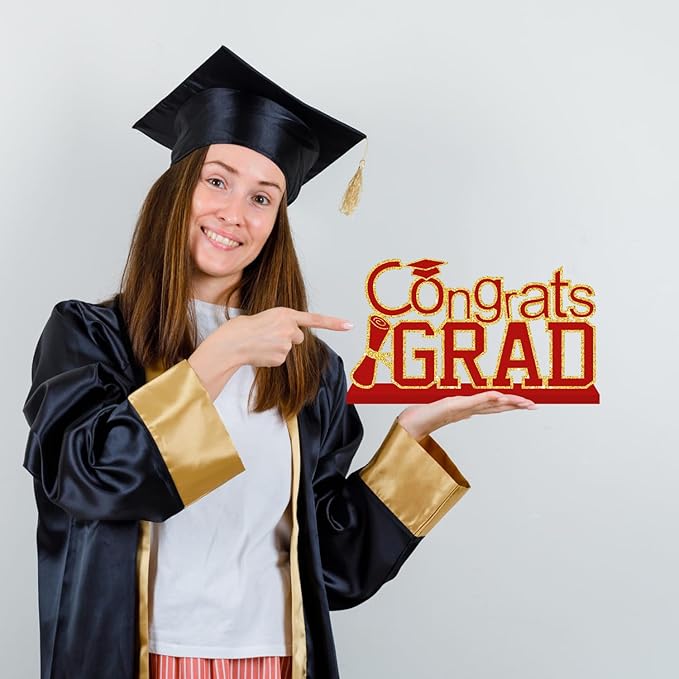 4Pcs Red and Gold Graduation Decorations Class of 2026 Congrats Grad Wooden Table Centerpieces Grad Table Toppers Congratulate Tiered Tray Decor for 2026 Graduation Decorations