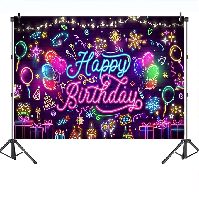 Mocsicka Neon Happy Birthday Banner Backdrop Glow in The Dark Graffiti Party Backdrop Decorations for Kids Adults Mustic Let's Glow Birthday Background Party Decorations (Purple, 5x3ft (60x36 inch))