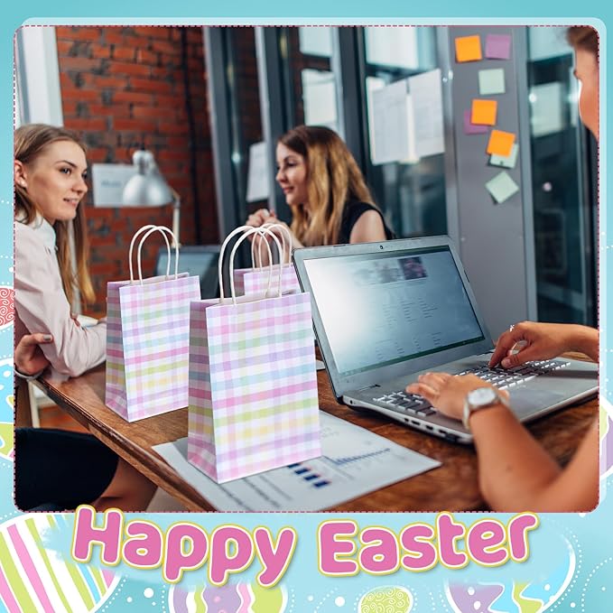 Humyoun 24 Pcs Spring Easter Checkered Gift Bags Easter Goodies Bags Spring Paper Gift Bags with Handles Easter Egg Hunt Party Treat Bag for Spring Easter Party Supplies