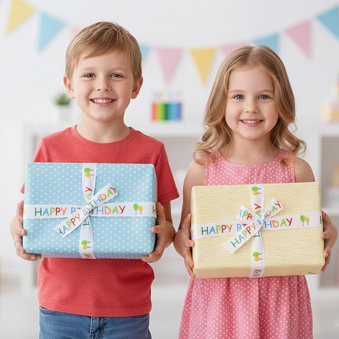 Happy Birthday Ribbon Roll for Gift Wrapping, 15 mm x 30 ft White Printed Birthday Gift Ribbon for Crafts, Party Decorations, Bouquets, Bows and Cake Table Accents