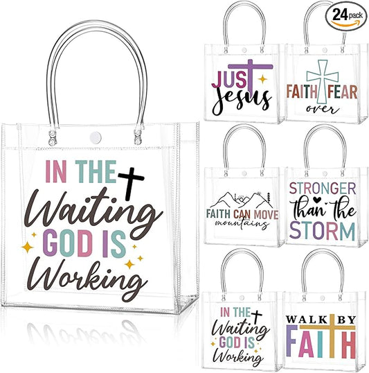 Teenyyou 24 Pcs Christian Inspirational Clear Gift Bags Religious Positive Quotes PVC Tote Bags with Handles Motivational Reusable Transparent Handbags for Church Bible Study Christian Events