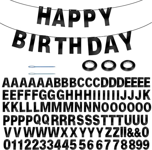 116 Pcs DIY Glitter Custom Banner Kit - Customize with 111 Letters & Numbers, 3 Rope & 2 Threading Devices - Perfect for Birthday Parties (Bright Black)