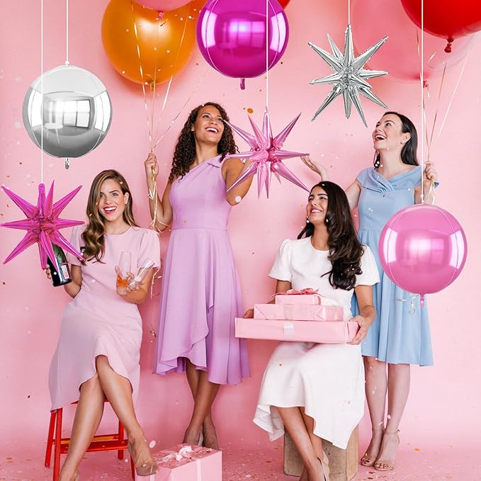 TONIFUL 8Pcs 22Inch Silver Pink Rose Red Large 4D Giant Round Star Balloons Explosion Star Mylar Balloons Set for Christmas New Year Birthday Wedding Bridal Shower Anniversary Photo Booth Supplies