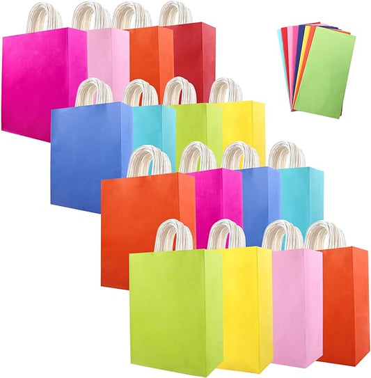Mstar Pack 16Pcs Medium Kraft Paper Gift Bags with 8-Color Tissues, 8.26"×10.6"×4.3" Bulk Party Favor Bags with Handles - Fits Candies, Toys, Small Gifts for Kids Birthday, Baby Shower, Wedding, DIY Crafts