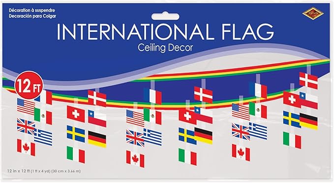 Beistle International Flag Ceiling Décor, Hanging Banner with World Flags, Global Party Decorations for Cultural Events Multicultural Festivals and International Celebrations, 12” x 12’