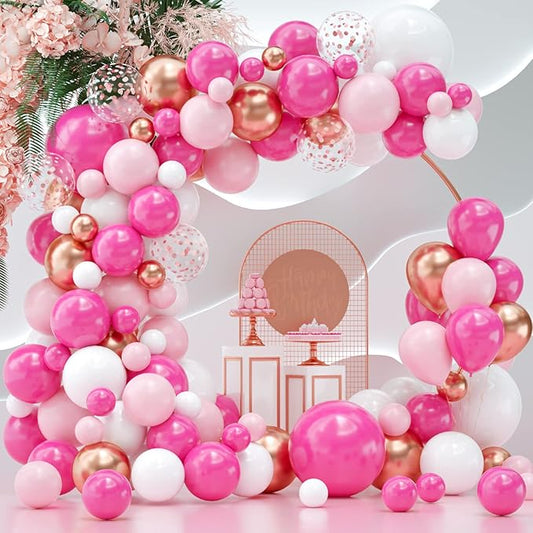 Pink Balloons Arch Kit, 114 Pcs Hot Pink and White Balloons Garland Arch Kit for Baby Shower, Graduation, Wedding, Birthday, Valentine's Party Supplies Decoration