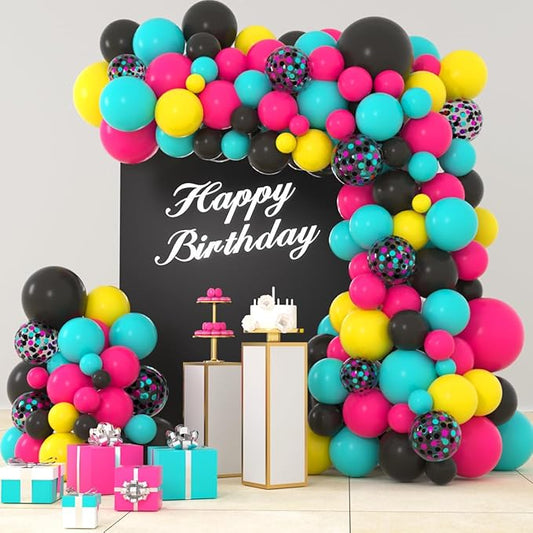 Rose Red Teal Blue Black Yellow Balloon Garland Kit - 122PCS Teal Blue Balloons Black Hot Pink Black Yellow Balloons for Neon 70S 80S Music Birthday Retirement Engagement Graduation Party Decor