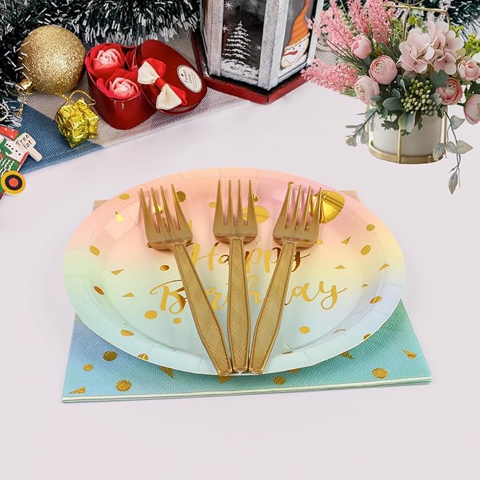 96PCS Happy Birthday Plates and Napkins Party Supplies, Colorful and Gold Disposable Paper Plates and Napkins with Forks Tableware Set for 24 Guests