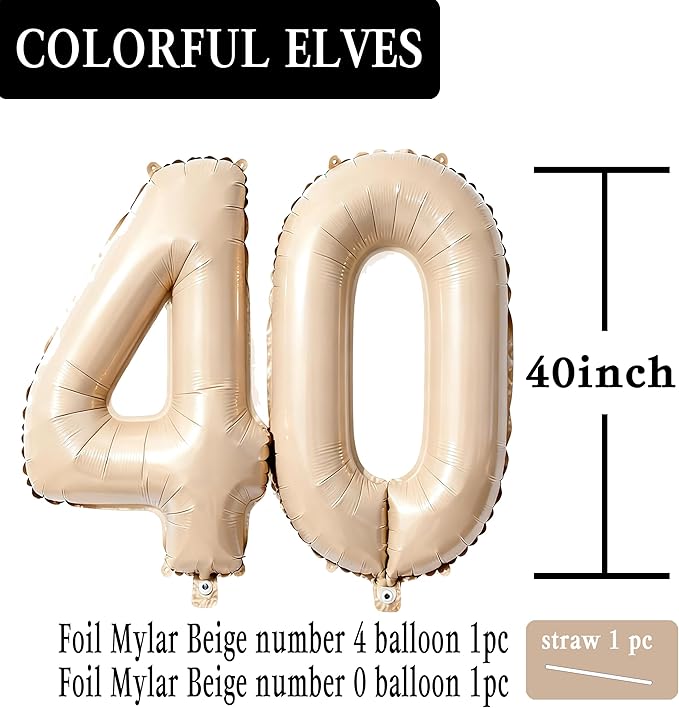 Beige Number 40 Balloons 40 Inch Giant Beige 40 Foil Mylar Balloons for 40th Birthday Anniversary Events Party Decorations