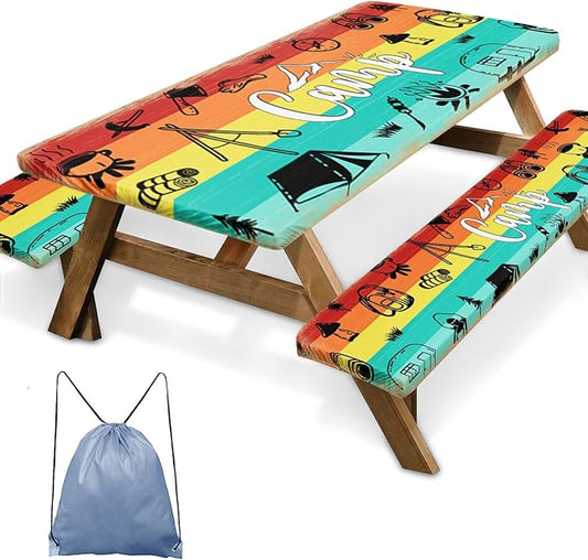 Picnic Table Cover with Bench Covers Elastic Edges, Rainbow Wood Camper Fitted Table Cover, Outdoor Patio Camping Essentials 72 Inch 3PCS, Waterproof Camping Fitted Tablecloth with Drawstring Bag