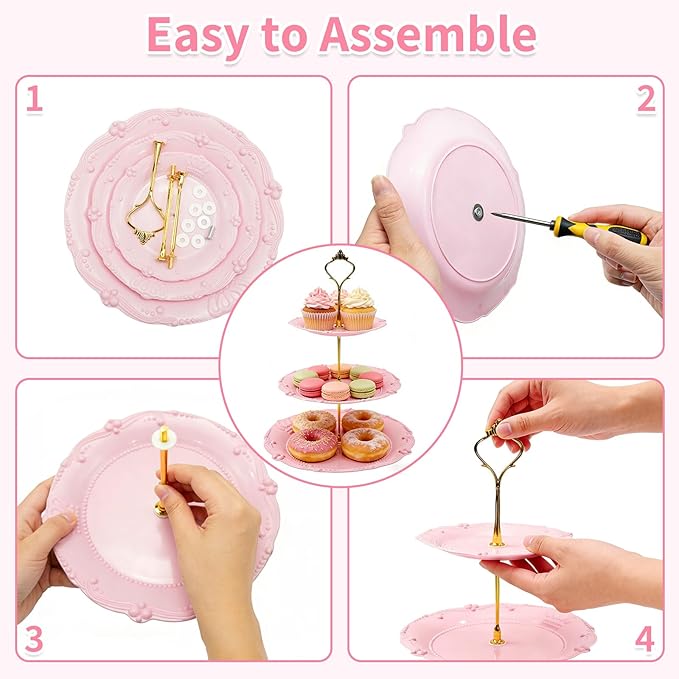 Nexboraque 3 Pack 3 Tier Plastic Cupcake Stand, Dessert Cup Cake Holder Tower Reusable Tiered Serving Tray with Metal Rod Pastry Platter for Wedding, Birthday, Tea Party - White Green Pink
