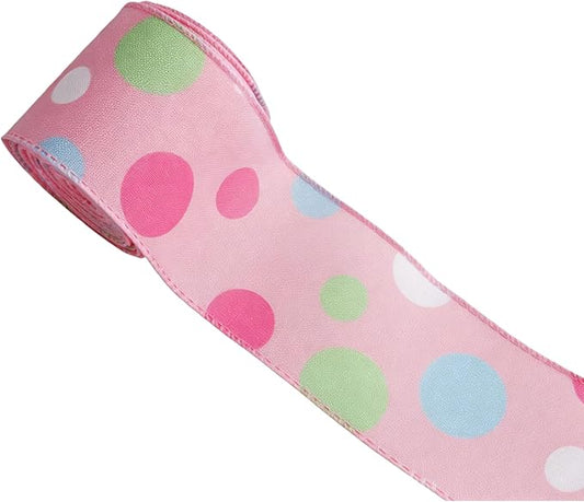 Meseey 2.5 Inch x 10 Yards Pastel Polka Dot Wired Ribbon, Colorful Dot Wired Edge Ribbon for Easter Wreaths, Gift Wrapping, Easter Baskets, Crafts, Spring Party Decorations