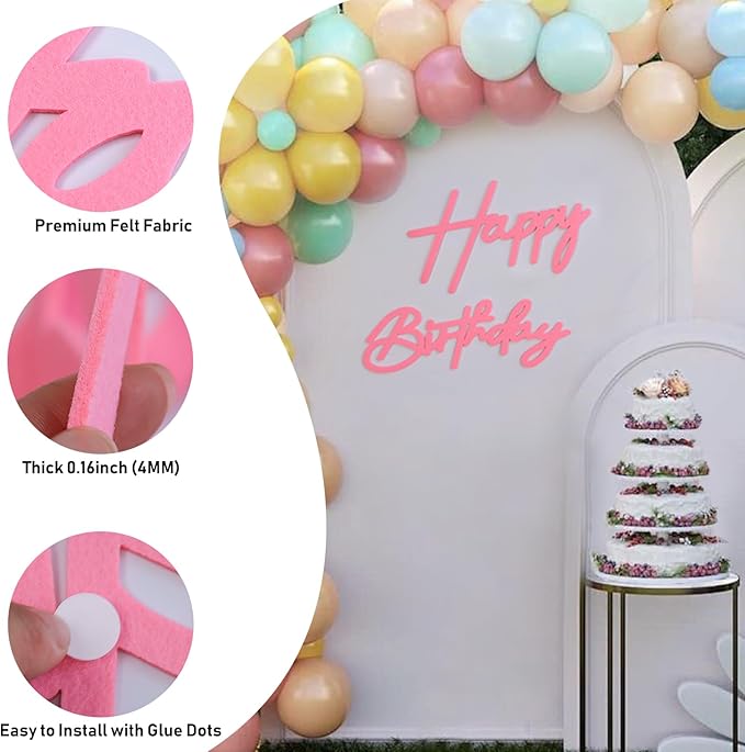 Pink Happy Birthday Felt Sign for Backdrop - Large Happy Birthday Letters for Balloon Arch Party Backdrop Decorations Large Reuseable Signs for Baby Girl Women Party Baby Shower