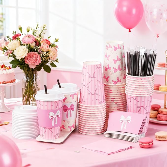 Jingmore 50 Set Pink Bow Coffee Cups with Lids, Straws and Sleeves Pink Bowknot Disposable Drinking Cup for Wedding Coquette Birthday Baby Shower Bachelorette Party Supplies (16 oz)