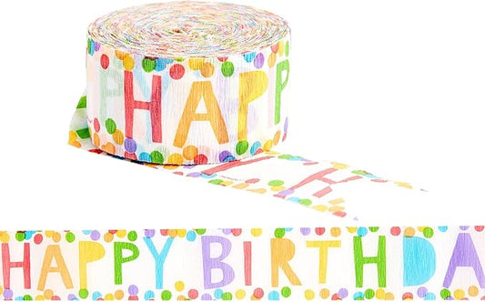 Vibrant Rainbow "Happy Birthday" Printed Crepe Streamers - 81' (1 Count) - Perfect for Birthday Celebrations