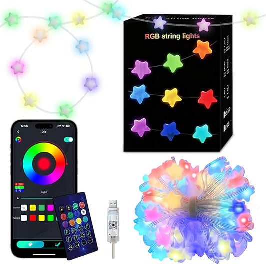 Super RGB Smart Star Fairy Lights 65.6Ft, 16M Color Changing String Lights with Remote & APP Control, Music Sync, Timer, RGB DIY Colored Twinkle Lights Hanging for Indoor Bedroom Party Birthday Decor