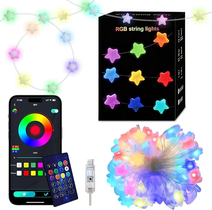 Super RGB Smart Star Fairy Lights 65.6Ft, 16M Color Changing String Lights with Remote & APP Control, Music Sync, Timer, RGB DIY Colored Twinkle Lights Hanging for Indoor Bedroom Party Birthday Decor
