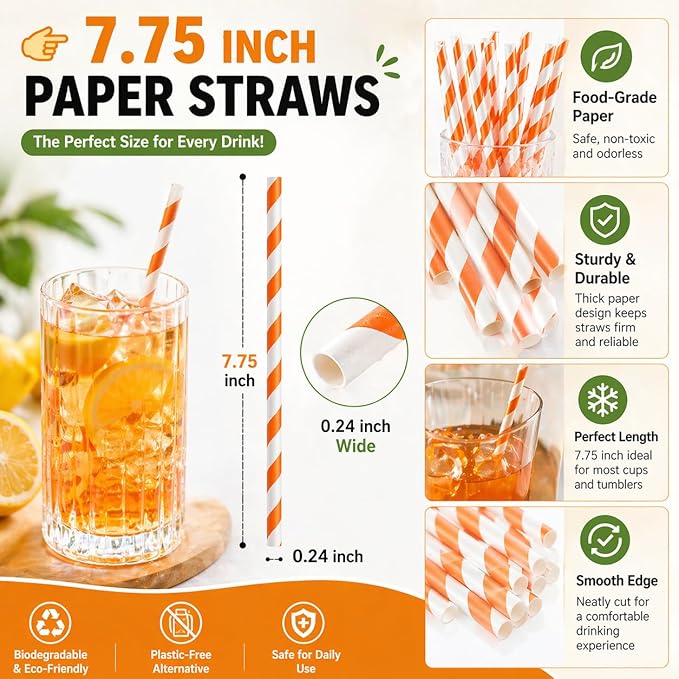 100 Pack Orange and White Striped Paper Straws, 7.75" Disposable Drinking Straws, Paper Party Straws for Halloween, Birthday, Bridal Shower and New Year Supplies