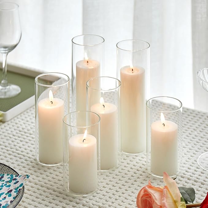 Set of 6 White Pillar Candles with Clear Glass Hurricane Holders- Elegant Cylinder Candle Vases for Weddings, Parties, Centerpieces, Home & Office Decor (White, 6 Set)