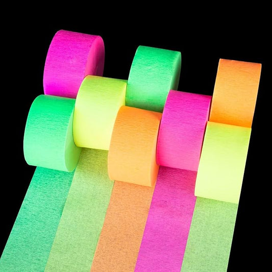 MAQIHAN 656feet Neon Streamers - 8 Rolls Black Light Reactive Fluorescent Crepe Paper Streamers, Neon Party Decorations Glow in The Dark Party Supplies for 80 90s Glow Parties Birthday Helloween Decor