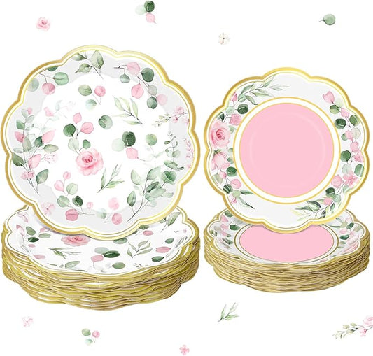 Funnymoom 60 Pcs Eucalyptus Paper Plates 9 in and 7 in Pink Dessert Party Plates with Gold Rim Disposable Floral Shape Tableware for Wedding Birthday Party Baby Shower Bridal Shower