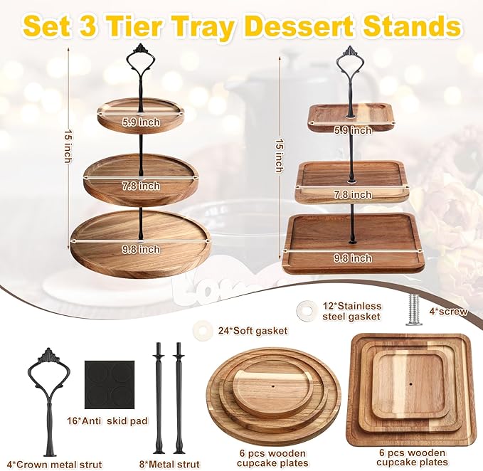 Zopeal 4 Pcs 3 Tier Serving Tray Square Wooden 3 Tiered Cake Stand Round Acacia Wood Serving Stand Rustic Cupcake Stand for Dessert Farmhouse Serving Stand Display for Wedding Tea Party
