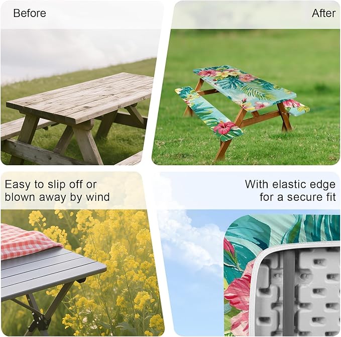 ANNA QUEEN Summer Flowers Picnic Table Cover 6FT with Bench Covers Picnic Table Cover Set 3PCS 72"x30", Outdoor Bench and Tablecloth Furniture Protection