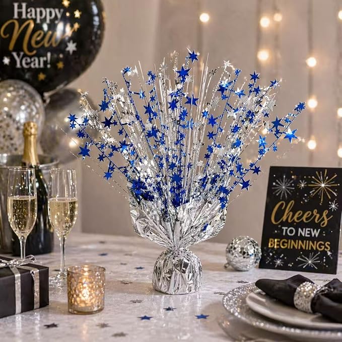 6 Pack Metallic Foil Spray Centerpiece Stars for Wedding, Birthday, Anniversary, Christmas Table Decor, Holiday Festival Baby Shower Graduation Mantle Party Decorations (Silver&Blue)