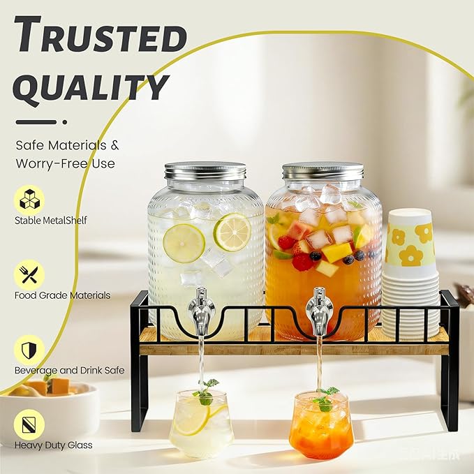Hassky Extra Wider Glass Drink Dispensers For Parties 1 Gallon*2 Packs Set, Beverage Dispenser With Stand Glass Water Dispenser With Spigot Stainless Steel & Filter -for Lemonade, All Juice