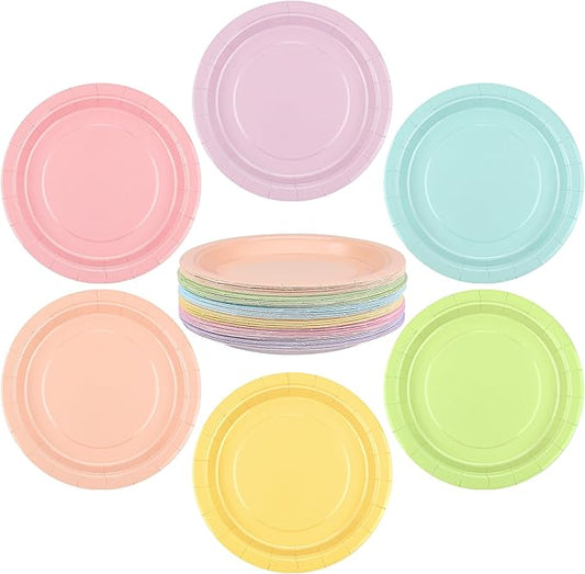 Breroa 72 Pieces Pastel Rainbow Paper Plates 7 Inch Bulk Plates Disposable Round Dessert Plate Heavy Duty Solid Color Paper Plate Table Decors Party Supply for Birthday, Dinner, Wedding