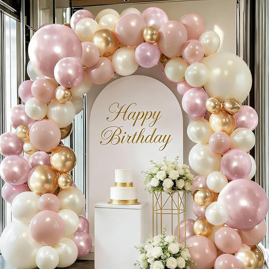 Pink Gold White Balloons Arch Kit - 119 pcs Double Stuffed Dusty Pastel Light Pink Champagne Gold Pearl White Sand Balloons for Birthday Bridal Shower Wedding Party Decorations