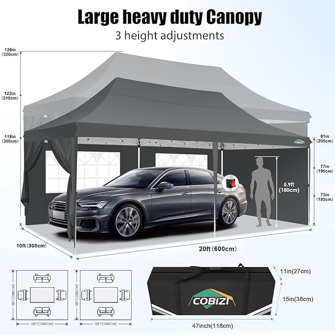 COBIZI 10x20 Pop Up Canopy with 6 Sidewall, Commercial Canopy UPF 50+ Waterproof Outdoor Gazebo with Carry Bag, Tents for Parties with Upgrade Frame, 3 Height Adjustable, Classic Grey