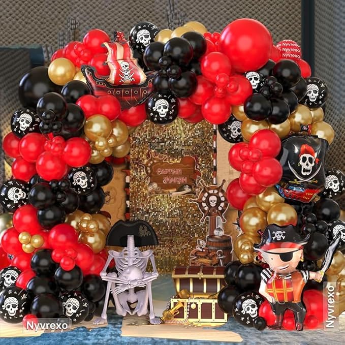 Pirate Birthday Party Decorations, 142Pcs Red Black Metallic Gold Balloon Garland Arch Kit Pirate Ship Foil Mylar Balloon for Halloween Pirate Summer Pool Sea Sailing Adventure Ocean Theme Party