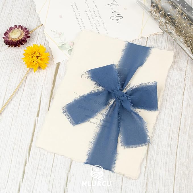 Slate Blue Chiffon Ribbon - 1-1/2 Inch x 21 Yards, Handmade Fringe, Silk, Boho Frayed, Dark Blue, Gift Wrapping, Wedding Invitation, Bridal Flower Bouquets