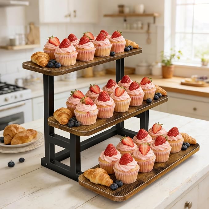 Lilybud--lily 3 Tier Cupcake Stand, Wooden Risers Display Stands Stepped Dessert Table Display Set with Metal Frame Tiered Tray Stand Serving Trays for Party Farmers Market Display 2 Pack