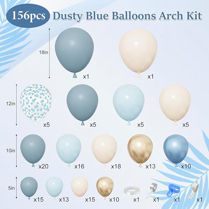 156Pcs Dusty Blue Balloons Arch Garland Kit, Dusty Baby Pastel Blue Chrome Gold Blue Sand White Confetti Balloon for Boy Baby Shower Decorations Bridal Shower Gender Reveal Birthday Party Supplies