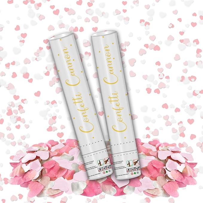 12" Confetti Cannons with Pink & White Heart Filling - Party Poppers for Gender Reveal Baby Shower Bridal Shower Valentine Wedding Anniversary - Easy to Use - Biodegradable Confetti - Pack of 2