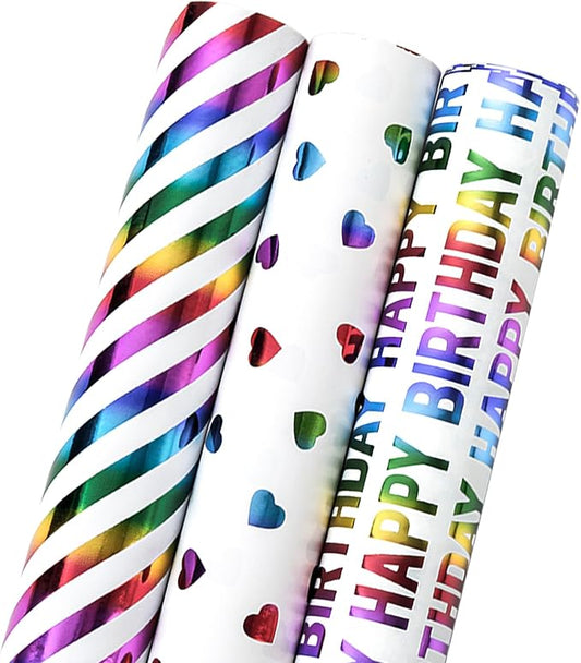 MAYPLUSS Birthday Wrapping Paper, Girl Iridescent Gift Wrapping Paper, Rainbow Foil Heart Polka Dots Stripes Bundle Gift Wrap for Kids Party, All Occasion (Mini Roll, 17 inch x 120 inch Per Roll)