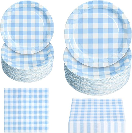 180Pcs Blue Gingham Party Supplies Paper Plates and Napkins Serve 60 Disposable Tableware Set for Birthday Party Decorations Game Day Family Holiday Sports Events