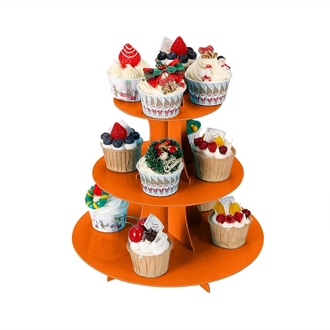 YLDW Cupcake Stand, 3-Tier Cupcake Stand Display, Cardboard Cup Cake Tower Stand, Disposable Dessert Stand for Birthday Tea Party Baby Shower Treat Decorations, Orange