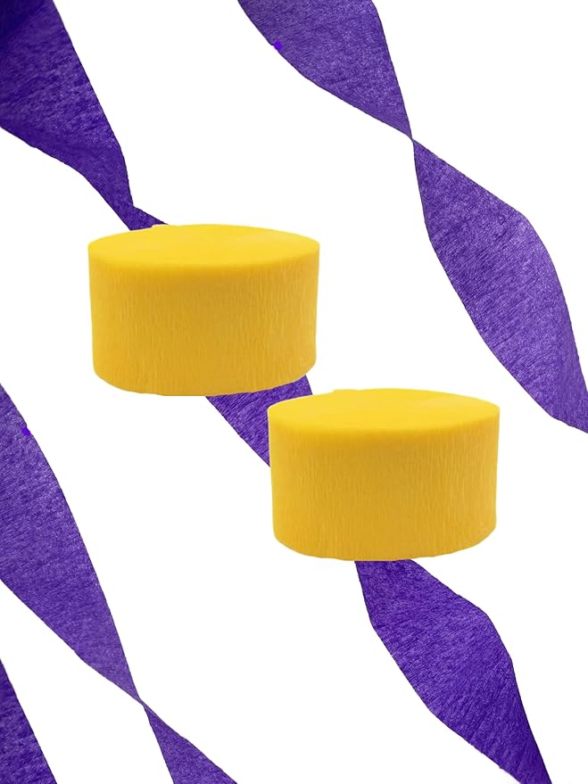 K-Kraft USA-Made Hanging Decorative Crepe Paper Streamers for Birthday, Party, Holiday, School, Wedding, Shower, or Graduation (Purple and Gold Yellow, 2 Rolls Each)