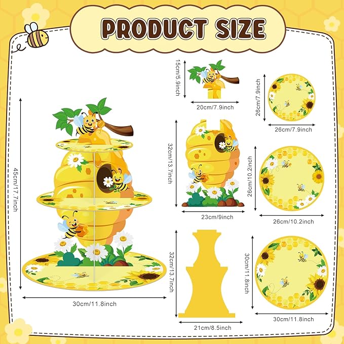 Zopeal 3 Tier Bee Cupcake Stand Party Decorations Sunflower Cupcake Holder Bee Day Themed Cake Holder Stand Yellow Round Summer Dessert Tower for Kids Birthday Baby Shower Party Supplies